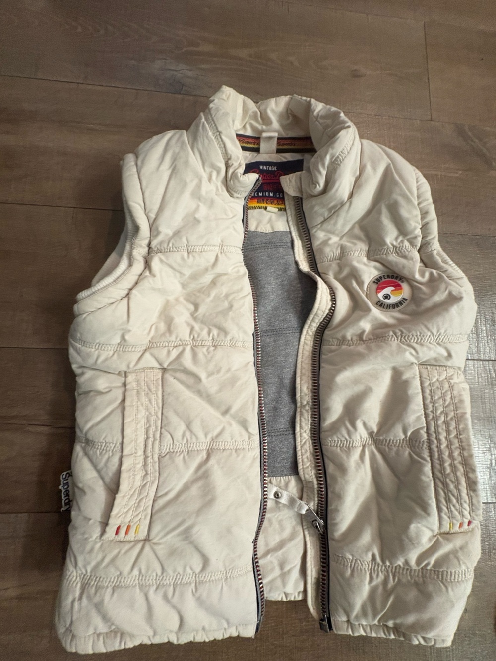 Superdry Cream Quilted Puffer Vest with High Collar